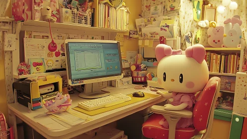 Anthropomorphic mascot at pastel workstation in kawaii studio