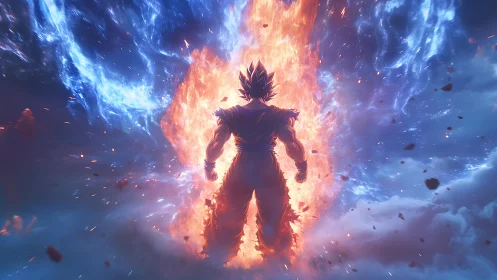 Energy-charged warrior silhouette in divided sky field.