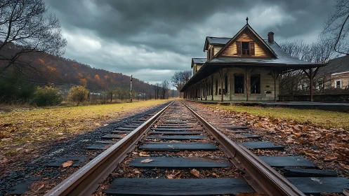 Lonely rails slice toward an abandoned autumn station house