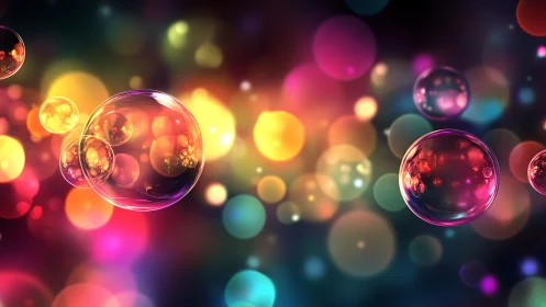 Colored translucent spheres float before defocused light circles