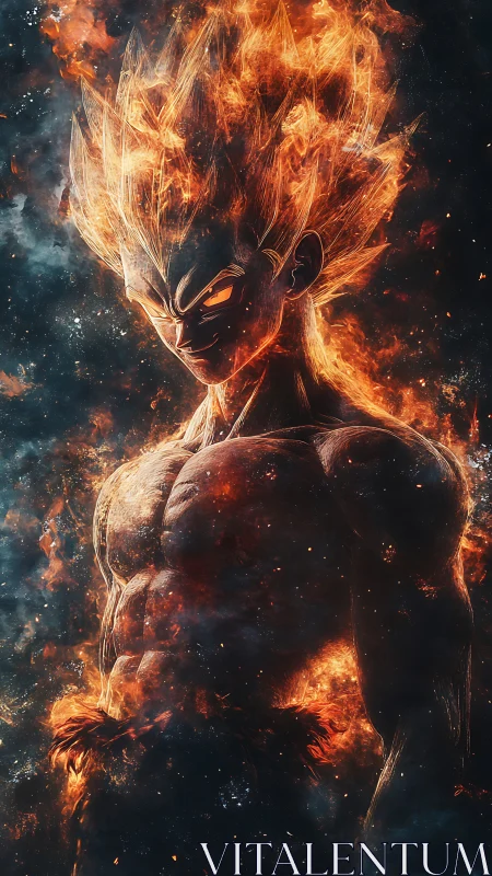 Flaming warrior carves a molten silhouette through stardust
