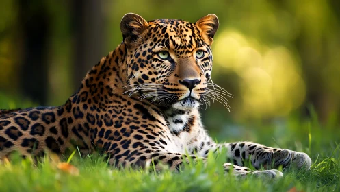 Golden-lit leopard rests calmly in a lush green forest