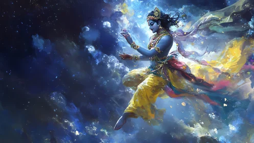 Cosmic blue deity in luminous nebular flight choreography.