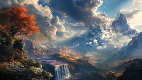 Mountain valley with waterfall, red tree, clouds and birds