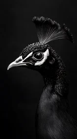 Monochrome peafowl head study with high-contrast microtexture.