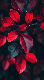 Red leaves are photographed against a dark, defocused background