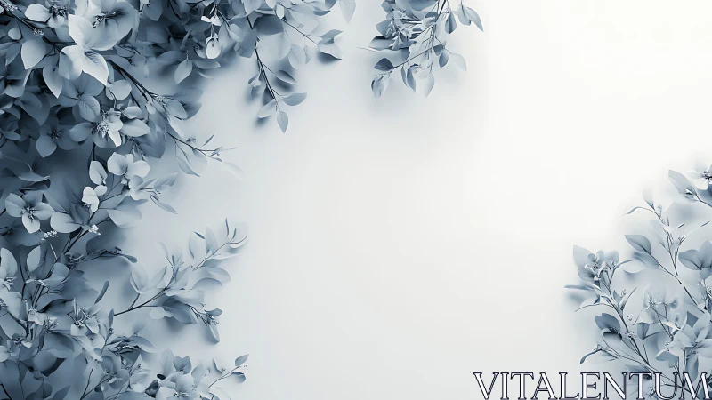 Monochrome floral branches frame empty white background space