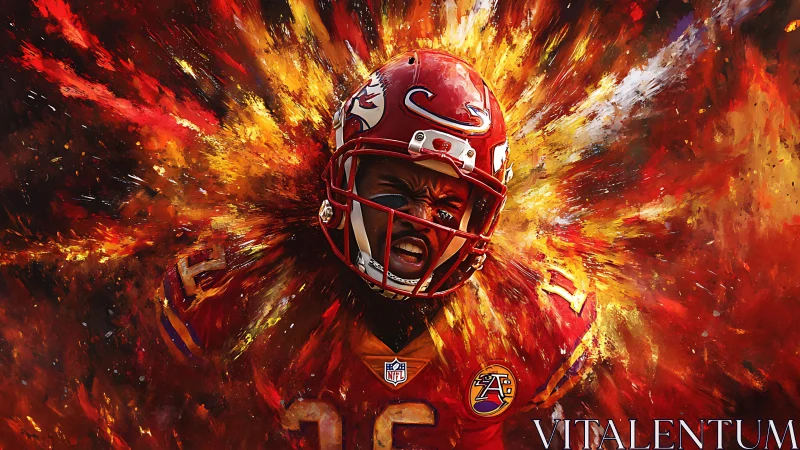 Football player helmet portrait framed by explosive paint burst