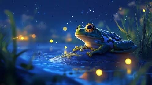 Moonlit frog dreaming beside a firefly-dotted blue pond.