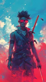 Neon warrior stands in drifting red smoke under cyan sky
