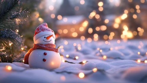 Snowman ornament amid glowing winter holiday lights.