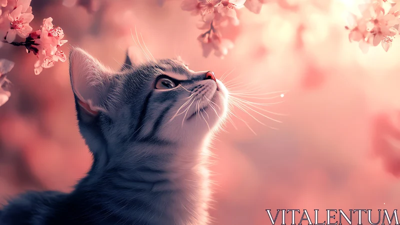 Cat Gazing Upward Among Cherry Blossoms.