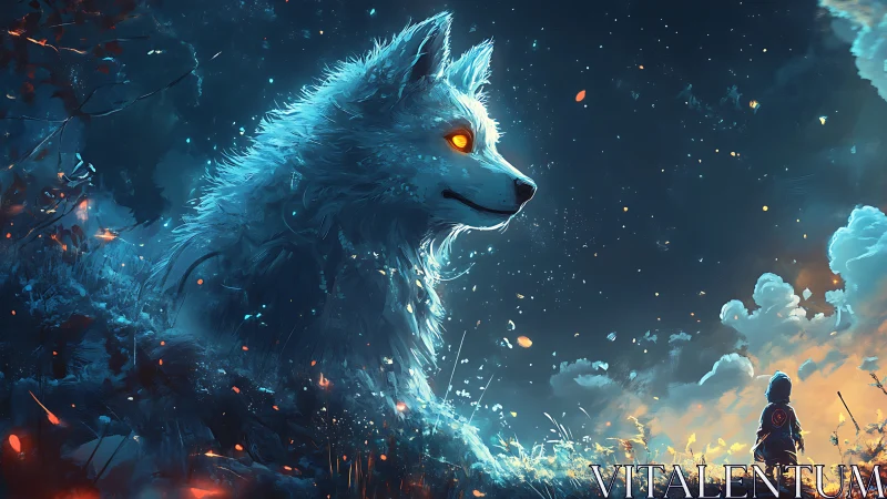 Giant glowing wolf spirit towers over lone child at dusk