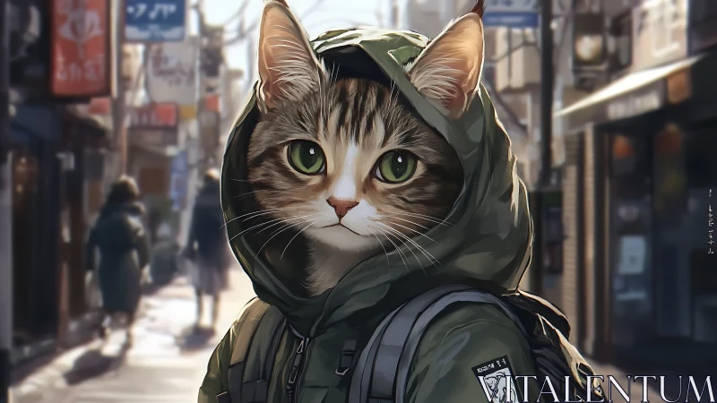 Anthropomorphic cat wearing military gear in urban setting