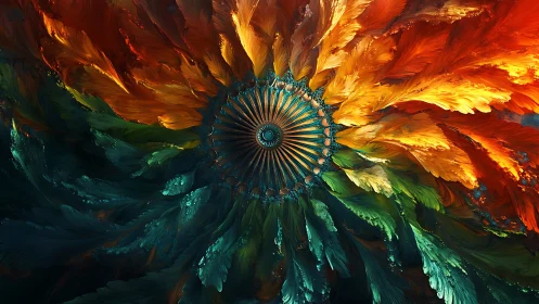 Radial feather-like pattern in multicolored digital spiral.