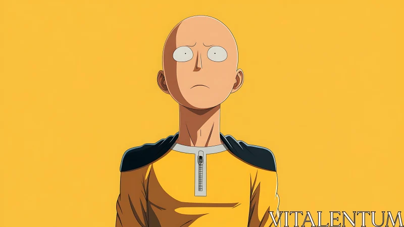 Stoic bald anime hero in flat-field chromatic isolation.