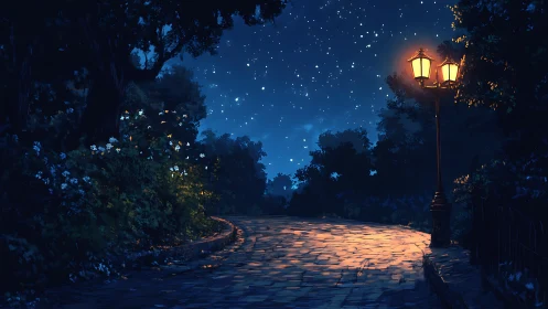 Starlit cobblestone path glows softly beneath warm lamplight