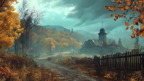 Rural path passes abandoned church in misty autumn valley