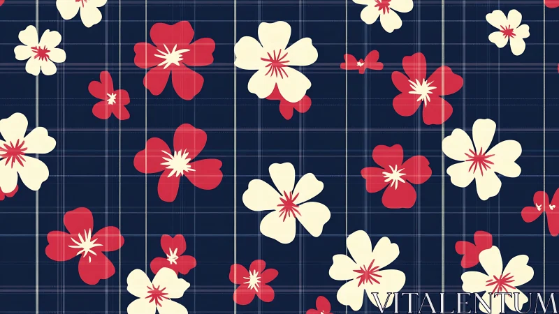 Navy Grid Floral Pattern with Red and Cream Botanical Elements.