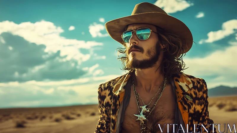 Stylish desert drifter in bold leopard jacket and hat.