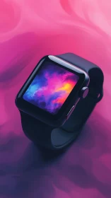 Smartwatch with vivid neon vapor display on magenta field.