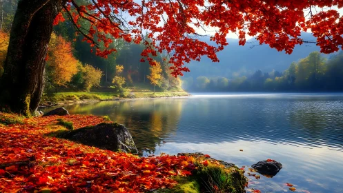 Scarlet maple canopy over reflective misty autumn lake.