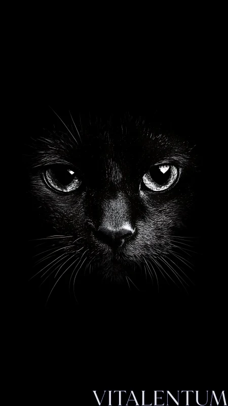 Black cat face with piercing eyes against dark background.