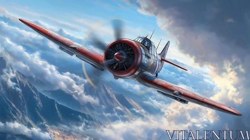 Red propeller fighter plane cutting through storm clouds.