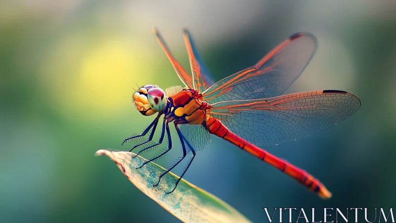 Close view of vivid red dragonfly on green leaf edge.