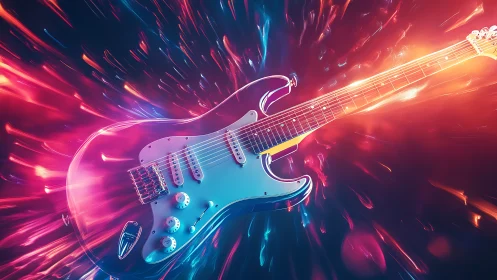 Electric guitar with neon light trails in motion burst.