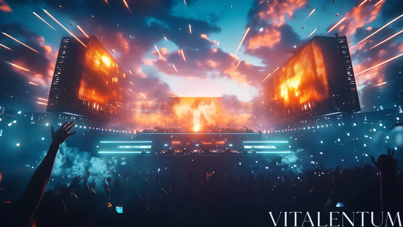 Stadium skyfire rave under neon thunderclouds of sound.