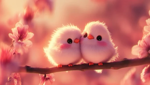 Twin Fluffy Birds Perched Among Blooming Pink Flowers.