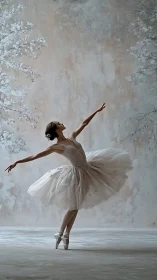 Ballet dancer in white tutu on pointe before floral backdrop.