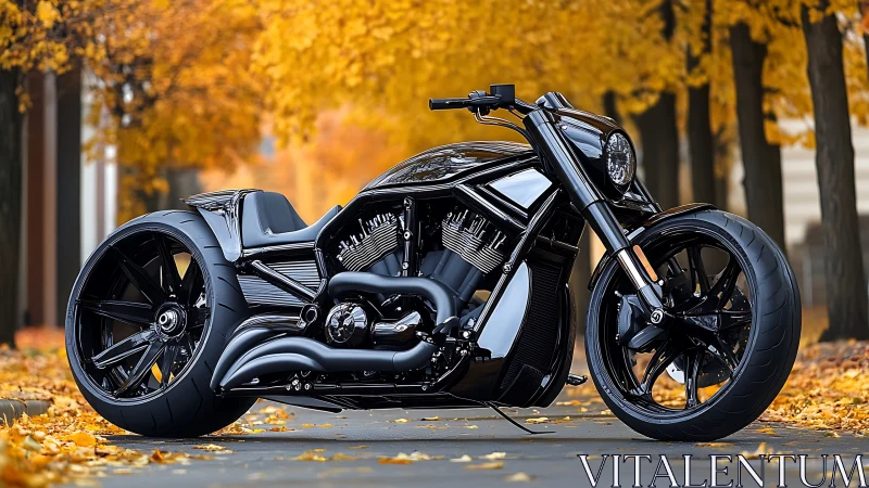 Custom black motorcycle glows against vivid autumn foliage.
