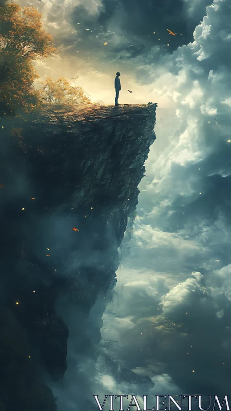 Solitary figure standing on cliff edge above clouds.