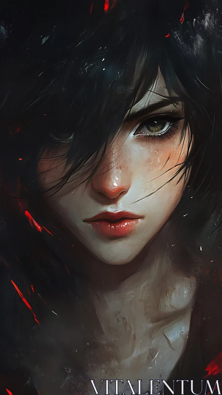 Brooding ember-eyed heroine framed in storm-torn shadows.