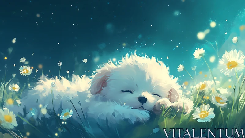 Moonlit puppy nap among whispering daisy fireflies.