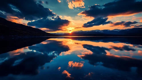 Sunset over still lake mirrors blazing clouds and peaks.