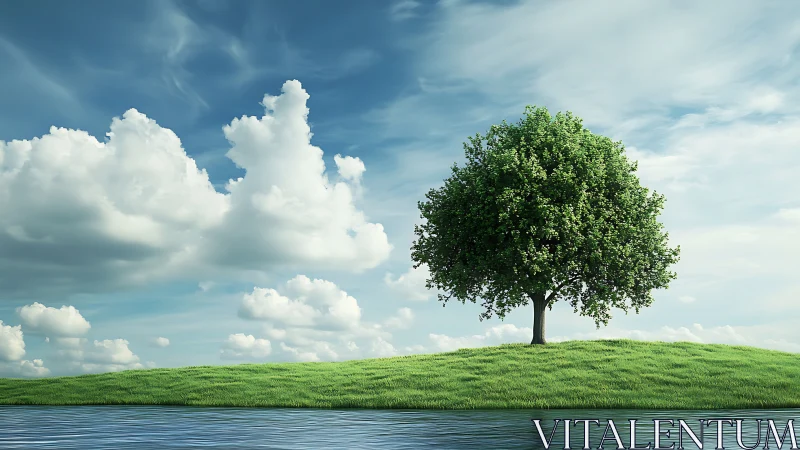 Lone green tree on grassy hill under bright blue sky.