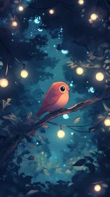 Lantern-lit songbird perched amid bokeh-rich nocturnal canopy