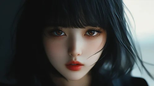 Soft gaze and midnight hair in a dreamy digital portrait.