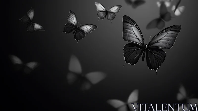 Monochrome butterflies in moody gradient light.