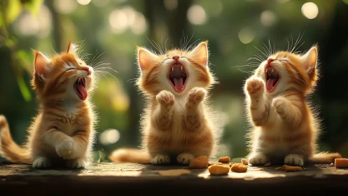 Three Yawning Kittens Celebrating Morning Joy.