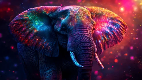 Elephant portrait with multicolored luminous ear patterns.