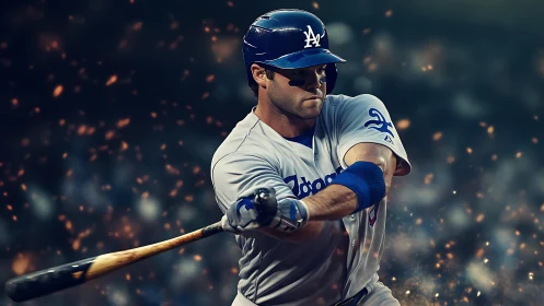 Right handed baseball batter captured mid swing with dynamic sparks