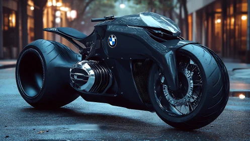BMW-branded futuristic concept motorcycle on wet city street.