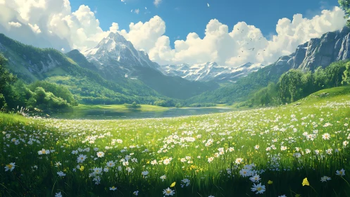 Flowered meadow extends toward lake and distant snowy peaks