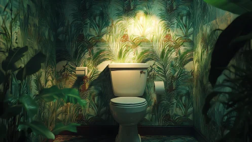 Tropical powder room toilet glows under lush jungle lighting
