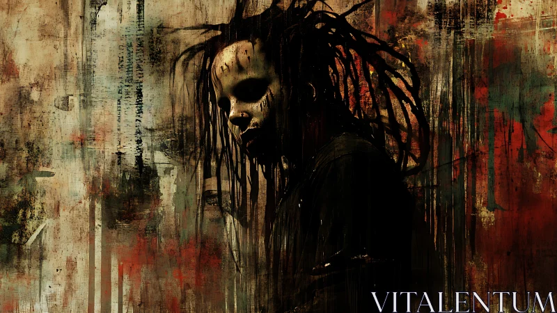 Distorted masked figure in grunge abstract horror palette.
