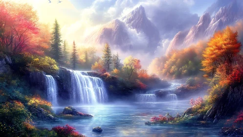 Autumn waterfalls cascade beneath misty alpine peaks